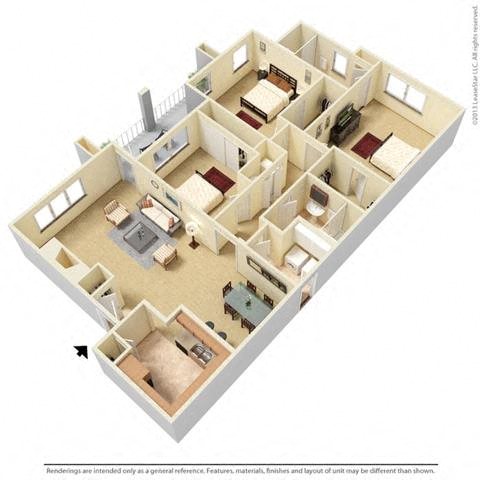 Floor plan for 3 beds, 2 baths, 1530 sqft