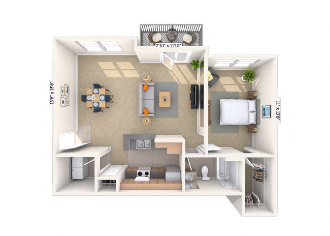 Floor plan for 1 bed, 1 bath, 721 sqft