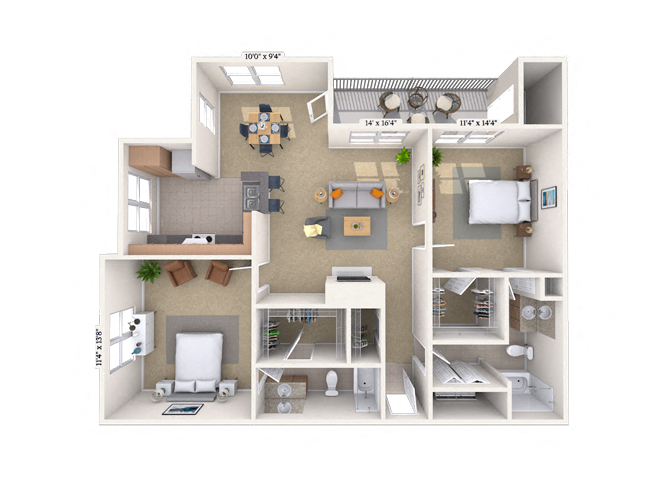 Floor plan for 2 beds, 2 baths, 1053 sqft