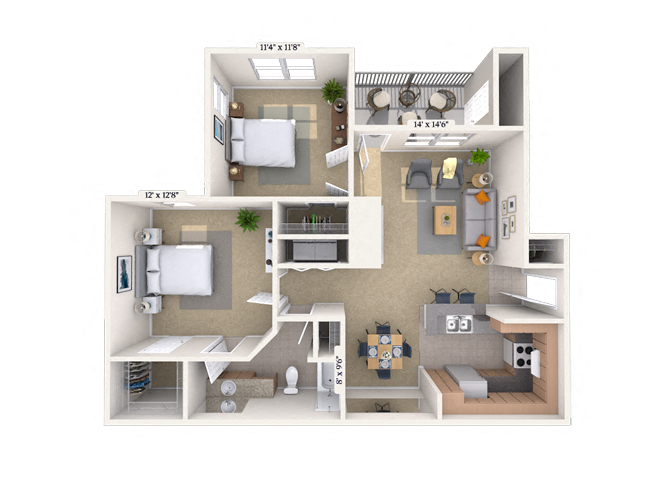 Floor plan for 1 bed, 1 bath, 889 sqft
