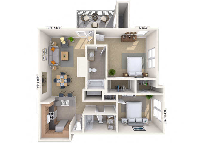 Floor plan for 2 beds, 2 baths, 958 sqft