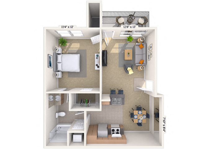 Floor plan for 1 bed, 1 bath, 590 sqft