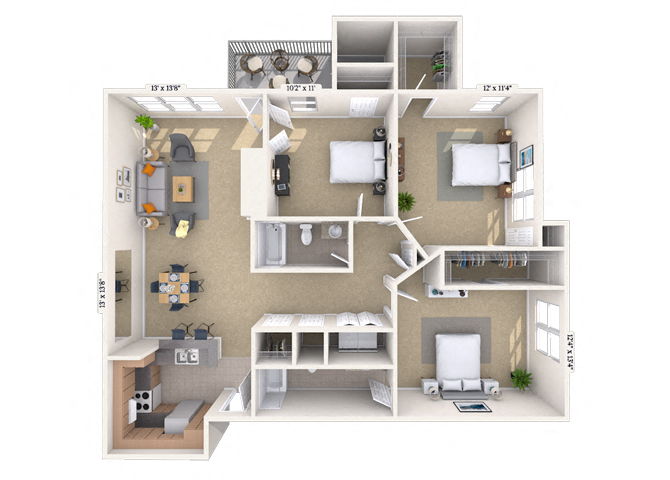 Floor plan for 3 beds, 2 baths, 1239 sqft