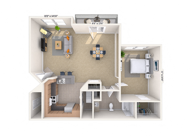 Floor plan for 1 bed, 1 bath, 764 sqft