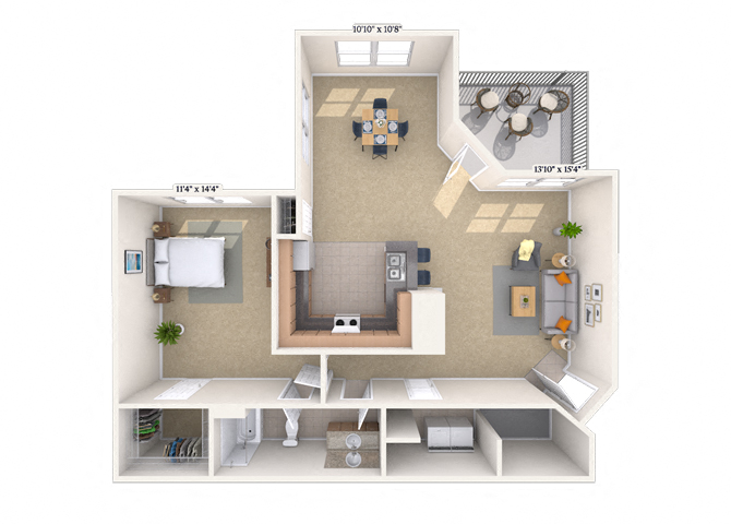 Floor plan for 1 bed, 1 bath, 822 sqft