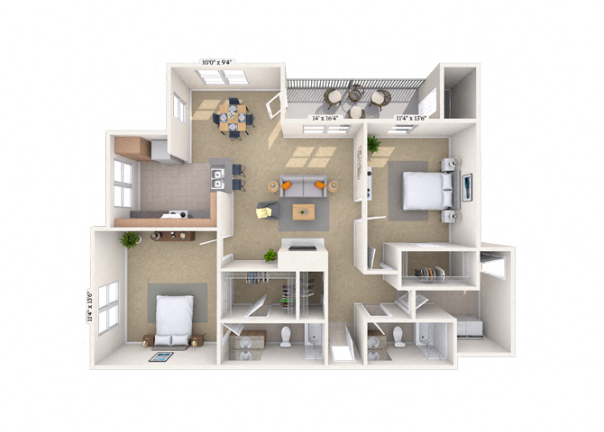 Floor plan for 2 beds, 2 baths, 1122 sqft