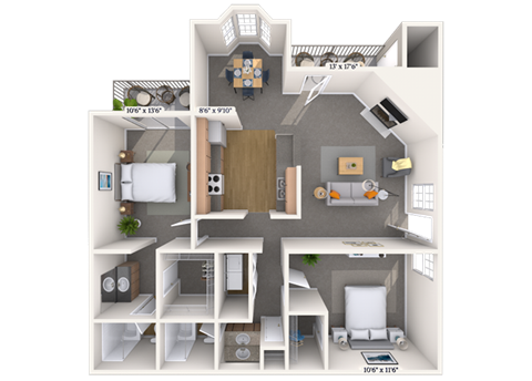 Floor plan for 2 beds, 2 baths, 950 sqft