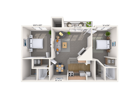 Floor plan for 2 beds, 2 baths, 865 sqft