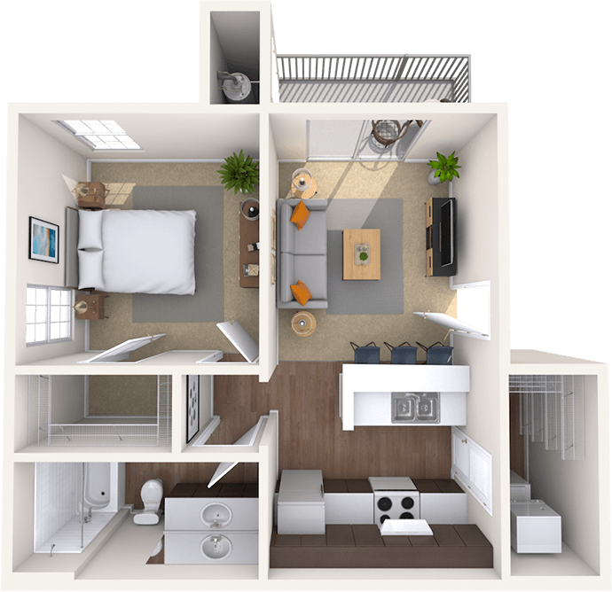 Floor plan for 1 bed, 1 bath, 544 sqft