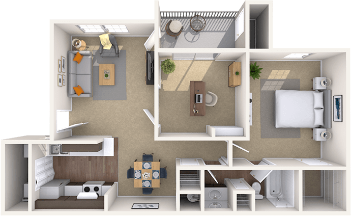 Floor plan for 1 bed, 1 bath, 833 sqft