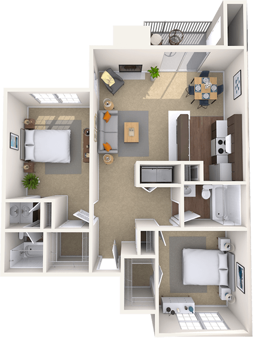 Floor plan for 2 beds, 2 baths, 1020 sqft