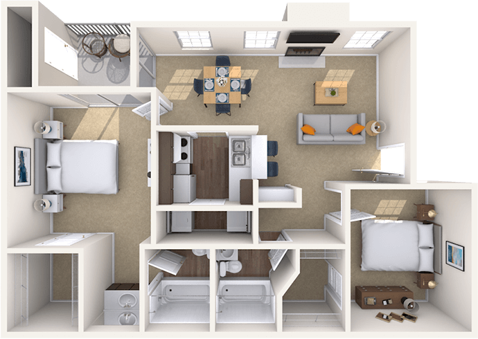 Floor plan for 2 beds, 2 baths, 929 sqft