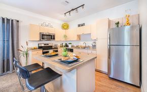 Houston apartment for rent - a kitchen with stainless steel appliances and a counter top