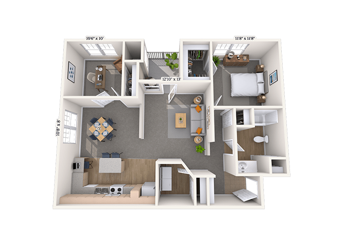 Floor plan for 1 bed, 1 bath, 986 sqft