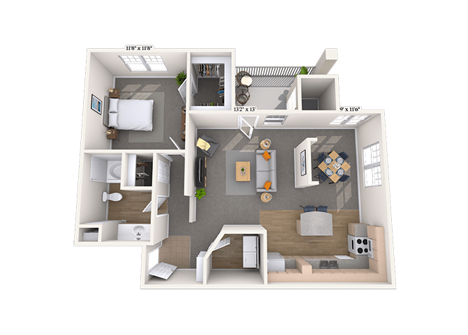 Floor plan for 1 bed, 1 bath, 844 sqft
