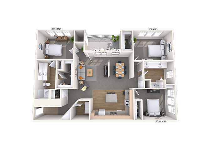 Floor plan for 3 beds, 2 baths, 1344 sqft