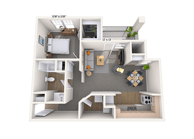 Floor plan for 1 bed, 1 bath, 761 sqft