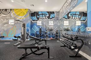 Houston apartment for rent - A gym with a blue wall and a variety of equipment.