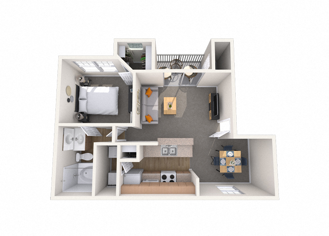 Floor plan for 1 bed, 1 bath, 677 sqft
