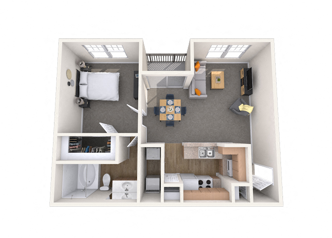 Floor plan for 1 bed, 1 bath, 728 sqft