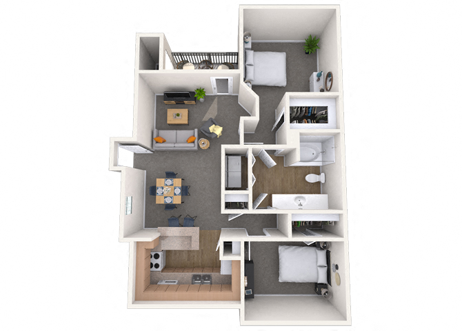 Floor plan for 2 beds, 1 bath, 986 sqft