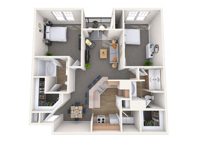 Floor plan for 2 beds, 2 baths, 1168 sqft