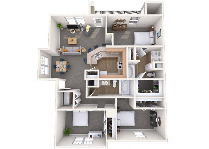 Floor plan for 3 beds, 2 baths, 1370 sqft