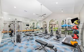 Houston apartment for rent - a gym with cardio machines and weights on a blue and white checkered floor