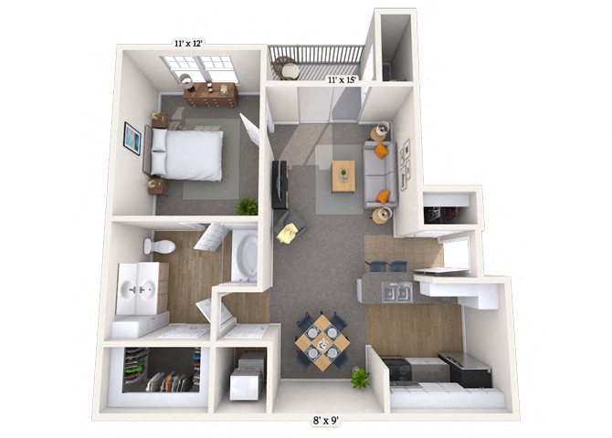 Floor plan for 1 bed, 1 bath, 654 sqft