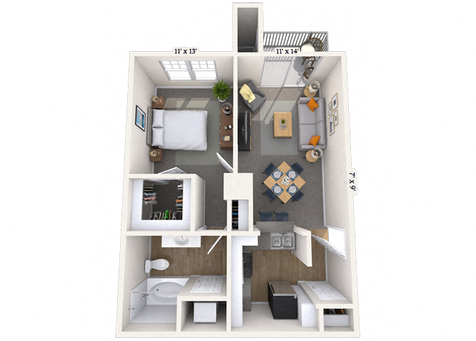 Floor plan for 1 bed, 1 bath, 658 sqft