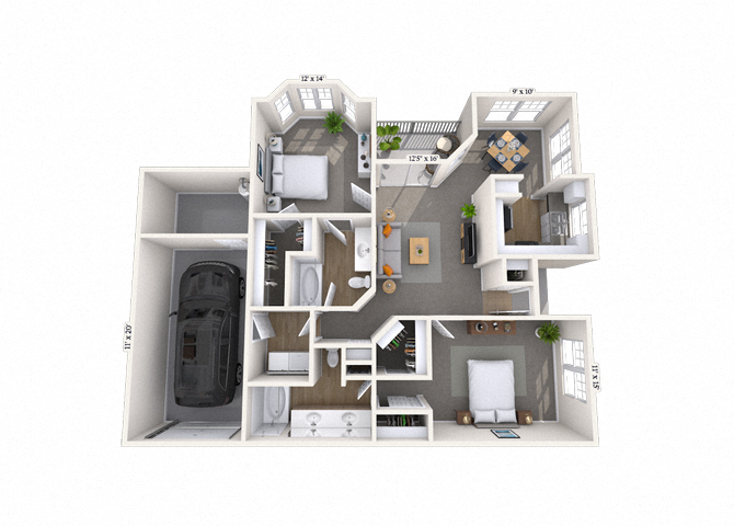 Floor plan for 2 beds, 2 baths, 1117 sqft