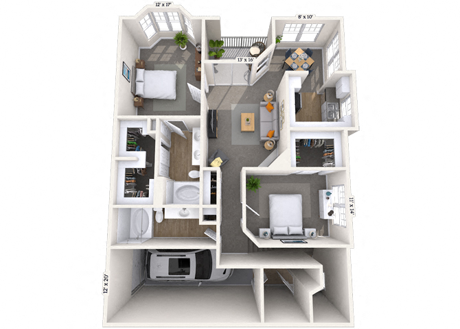 Floor plan for 2 beds, 2 baths, 1325 sqft