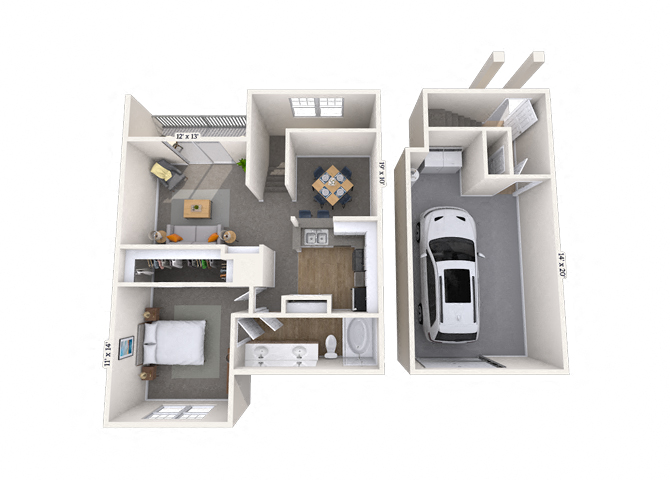 Floor plan for 1 bed, 1 bath, 878 sqft