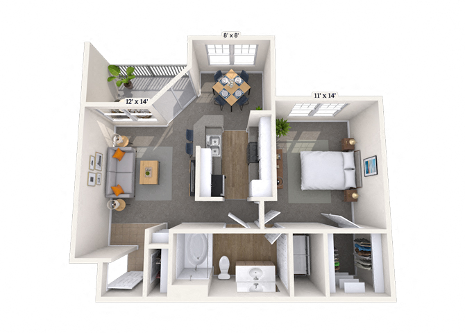 Floor plan for 1 bed, 1 bath, 735 sqft