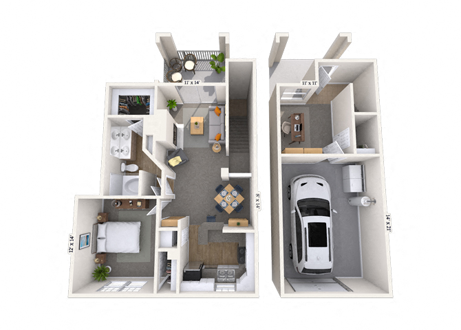Floor plan for 1 bed, 1 bath, 998 sqft