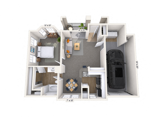 Floor plan for 1 bed, 1 bath, 673 sqft