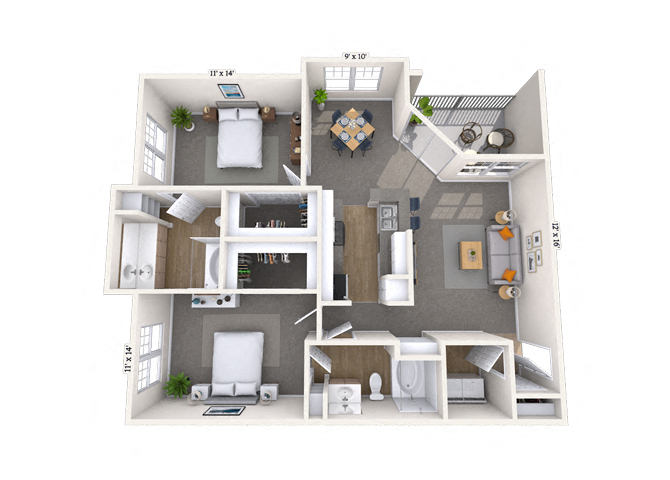 Floor plan for 2 beds, 2 baths, 1178 sqft