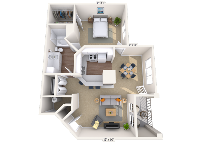 Floor plan for 1 bed, 1 bath, 784 sqft