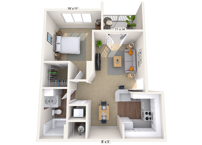 Floor plan for 1 bed, 1 bath, 603 sqft