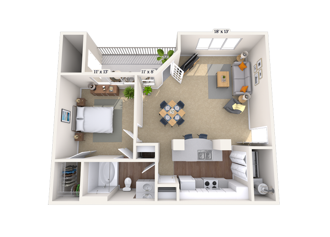 Floor plan for 1 bed, 1 bath, 731 sqft
