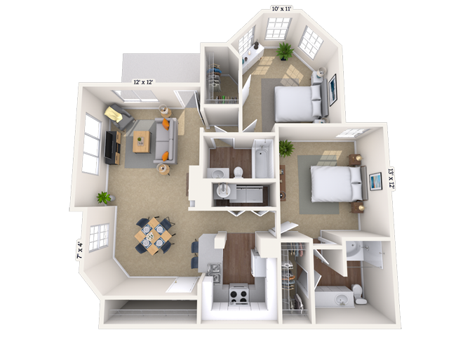 Floor plan for 2 beds, 2 baths, 1082 sqft