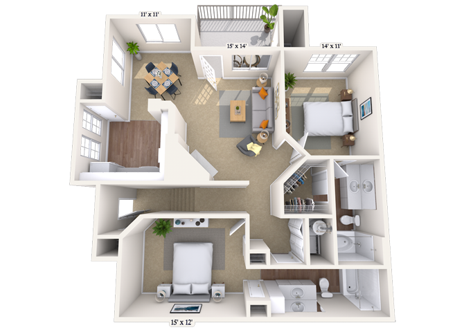 Floor plan for 2 beds, 2 baths, 1184 sqft