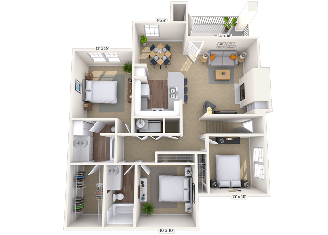 Floor plan for 3 beds, 2 baths, 1320 sqft