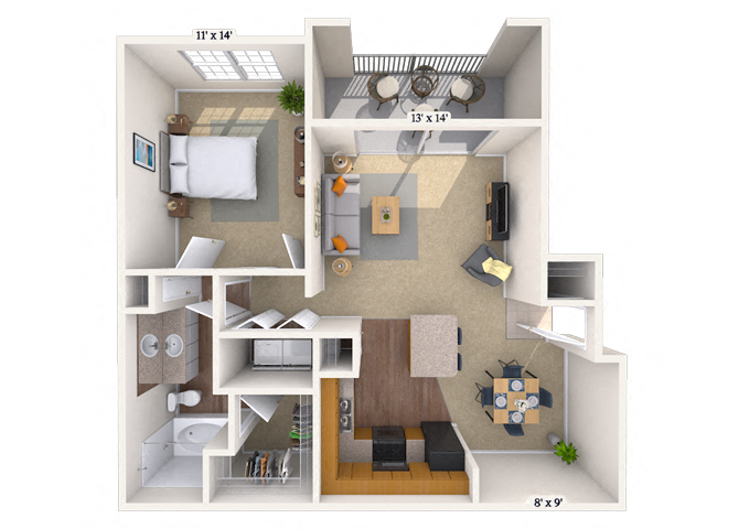 Floor plan for 1 bed, 1 bath, 760 sqft