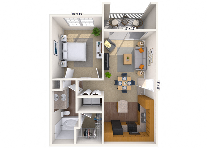 Floor plan for 1 bed, 1 bath, 684 sqft