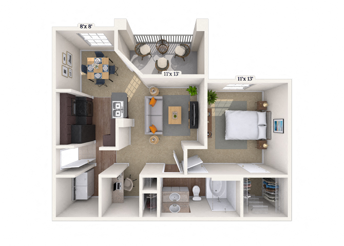 Floor plan for 1 bed, 1 bath, 693 sqft