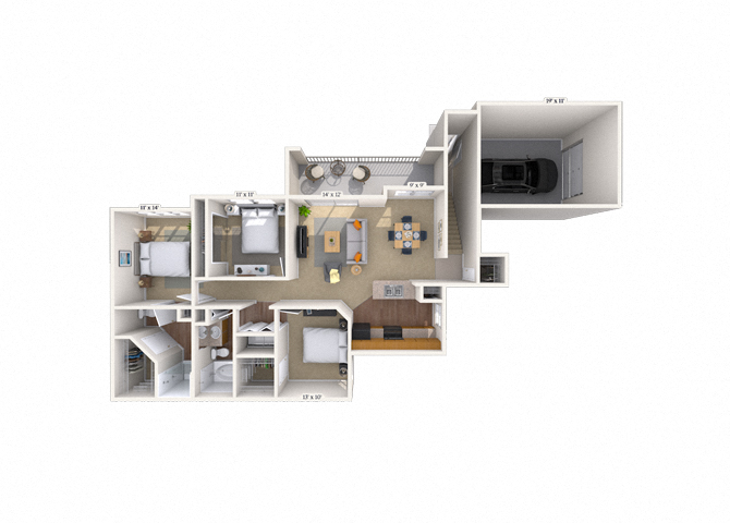Floor plan for 3 beds, 2 baths, 1462 sqft