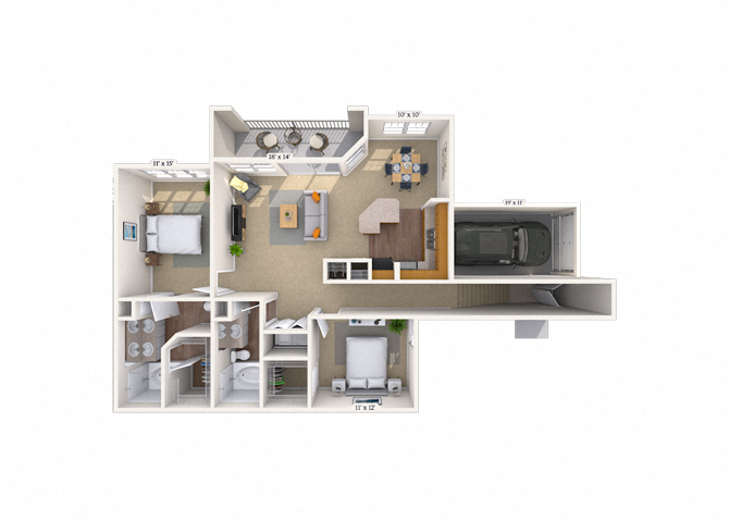 Floor plan for 2 beds, 2 baths, 1376 sqft