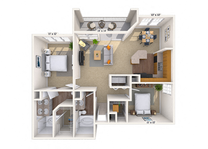 Floor plan for 2 beds, 2 baths, 1247 sqft