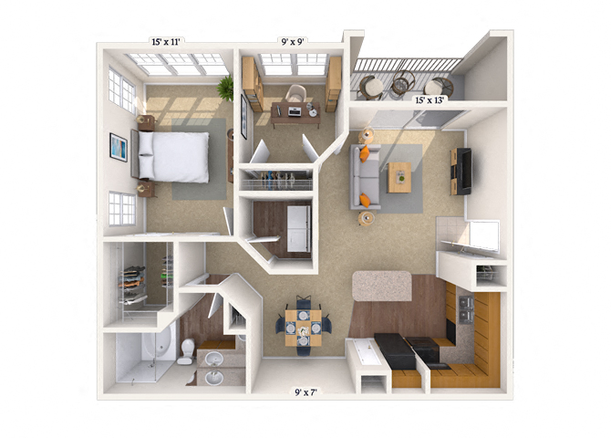 Floor plan for 1 bed, 1 bath, 946 sqft